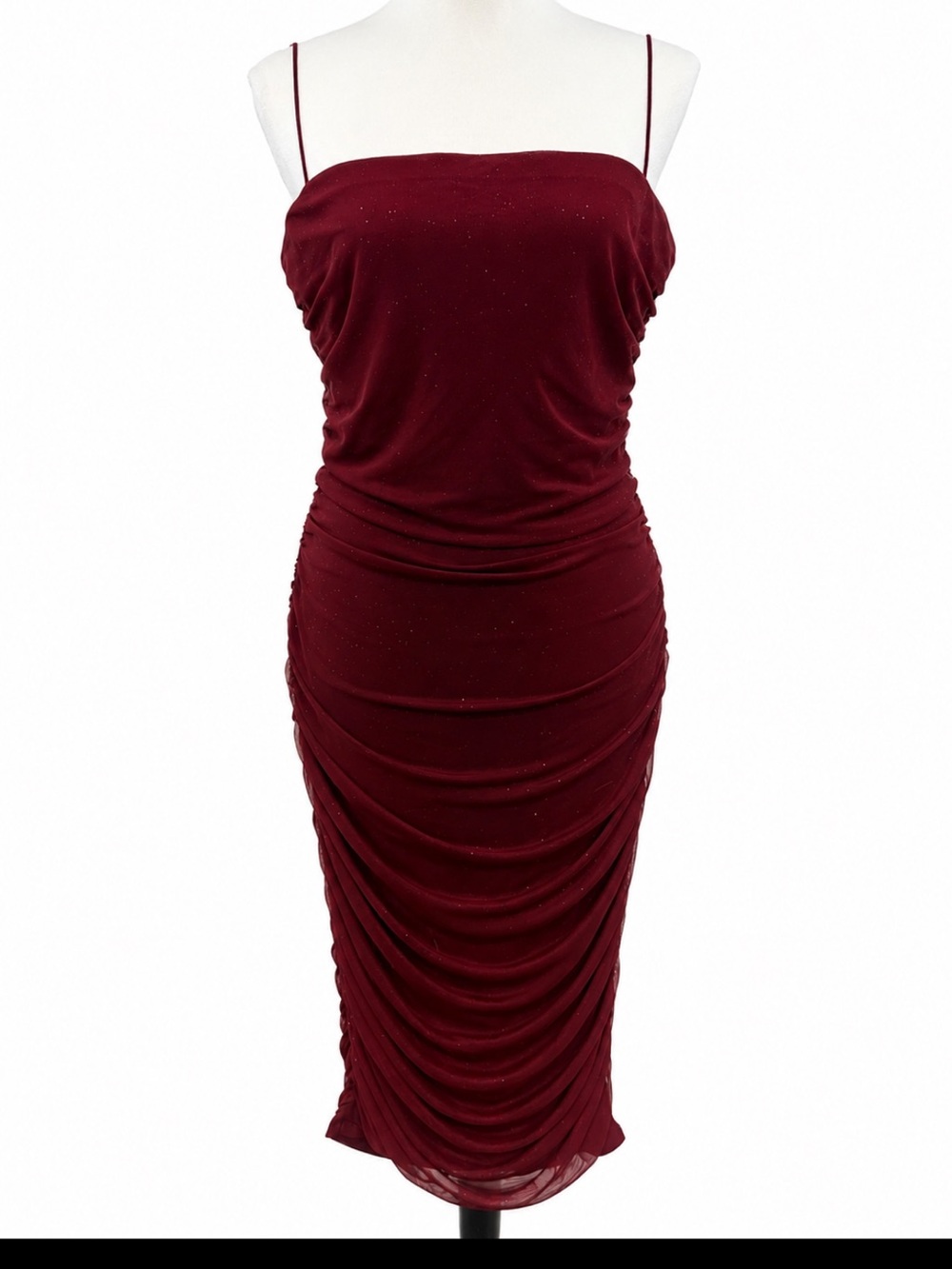 B. Darlin Burgundy Glitter Mesh Ruched Midi Dress XL Y2K Party Bodycon